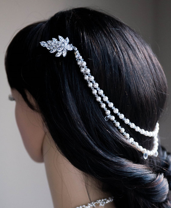 Mariage - Statement Wedding head band Pearl Chain Headpiece Bridal Head Piece Pearl Chain Halo Hair Wedding Hair Accessories