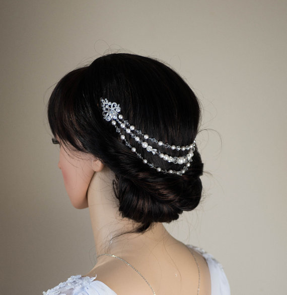 Hochzeit - 3 Strands Statement Wedding head band Pearl Silver Ball Swarovski Pearls Headpiece Bridal Headpiece Pearl Halo Hair Wedding Hair Accessories