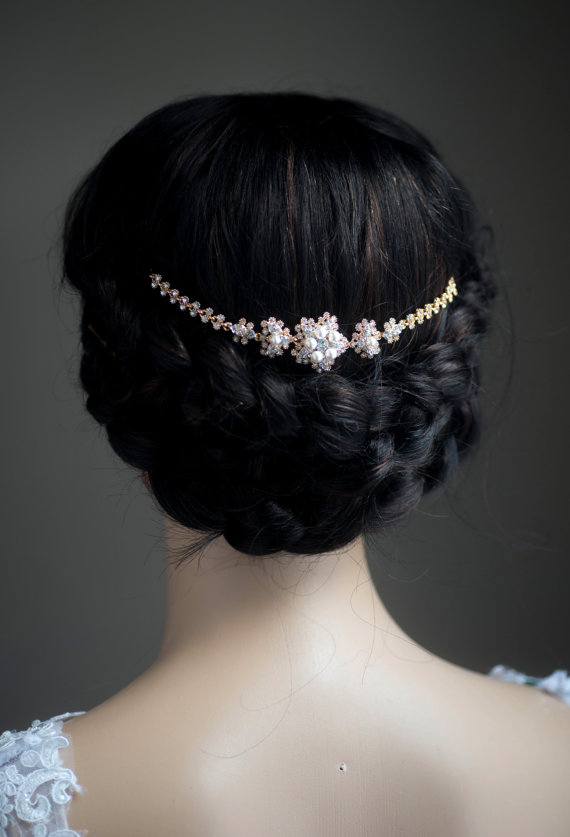 Wedding - Wedding Hair Chain Bridal Hair Chain Swarovski Pearls Gold Plated /Silver Plated CZ crystal Hair Wrap Headpiece, Wedding Halo Hair Comb