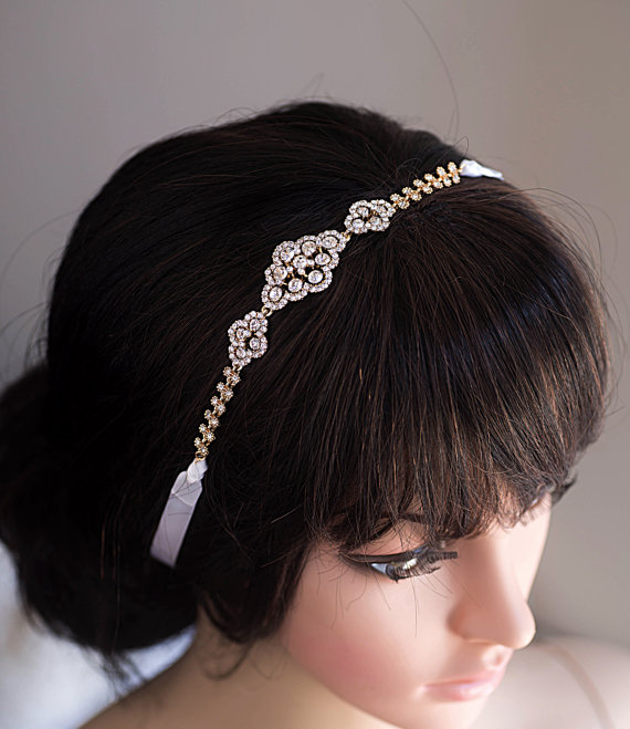 زفاف - Wedding Bridal Headband, Vintage Inspired Rhinestone Ribbon Bridal Headband Wedding Head band, Wedding Bridal Hair Accessories
