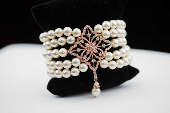 زفاف - 5 strands Wedding Bracelet, swarovski Pearl Bridal Bridal Bracelet, Rhinestone silver ball Bracelet Modern Vintage Style Bridal Jewelry