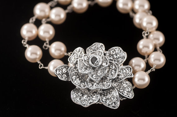 زفاف - Bridal Swarovski Pearl Wedding Bracelet, Vintage Style statement 2 strands wedding Bracelet, Pearl and CZ crystal Bracelet Cuff