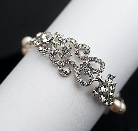Hochzeit - Bridal Statement Wedding Bracelet, Swarovski Pearls Rhinstone Bridal Bracelet Cuff Statement Wedding Bracelet