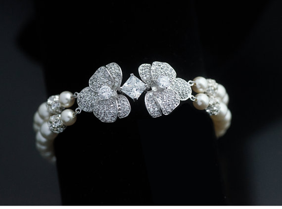 Mariage - 2 strands Swarovski Pearl and silver ball and Bridal Bracelet, Vintage Style Crystal Rhinestone Wedding Bracelet Cuff.