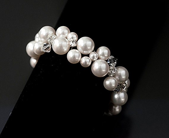 Wedding - Swarovski Bridal Bracelet, Swarovski Pearls Swarovski Crystal Elements and Silver Ball Cluster Bracelet, Rhinestone Statement bracelet,