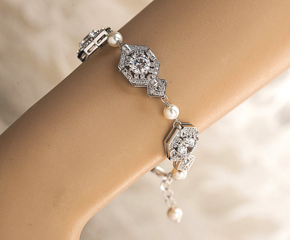 Hochzeit - Bridal Swarovski Pearl Wedding Bracelet, Vintage Style statement wedding Bracelet, swarovski pearls and CZ crystal Bracelet Cuff