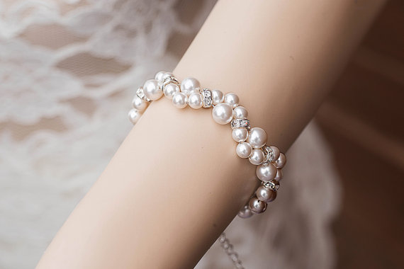 زفاف - Statement Wedding Rhinestone Bracelet,Swarovski Pearl SIlver Spacer cluster Bracelet Jewelry ,Bride Jewellery Bridal Jewelry