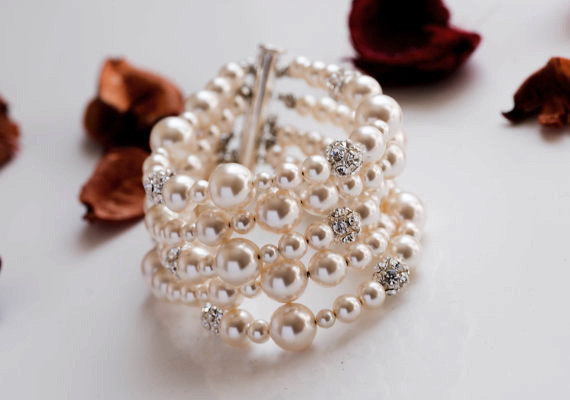 زفاف - 5 strands Wedding Bracelet, swarovski Pearl Bridal Bridal Bracelet, Rhinestone silver ball Bracelet Modern Vintage Style Bridal Jewelry
