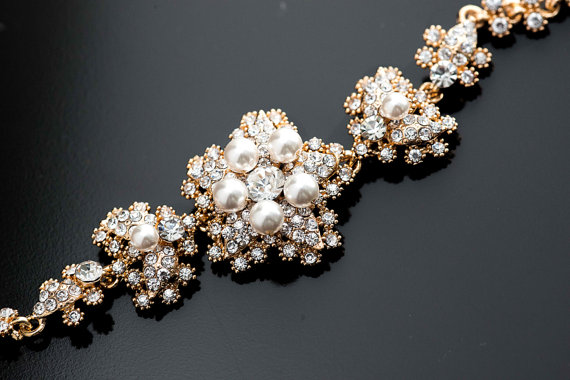 Mariage - Swarovski Pearl Bridal Bracelet, Swarovski Pearls ,Vintage Style CZ　Crystal Wedding Bracelet Cuff., Wedding Bridal Bracelet