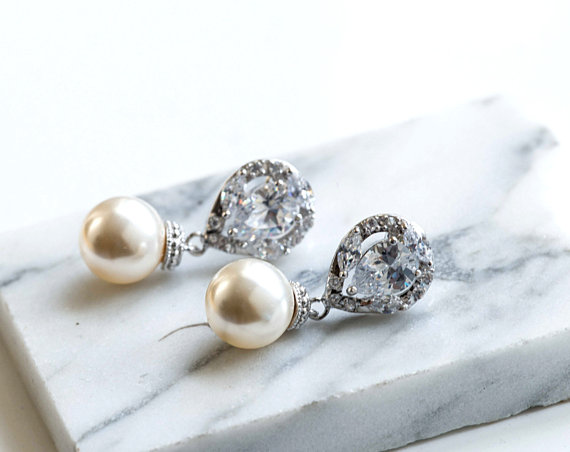 Свадьба - Statement wedding Bridemaid Bridal earring SET Vintage Earrings,Sapphire Sterling silver Cubic Zirconia and swarovski pearl Wedding Bridal.