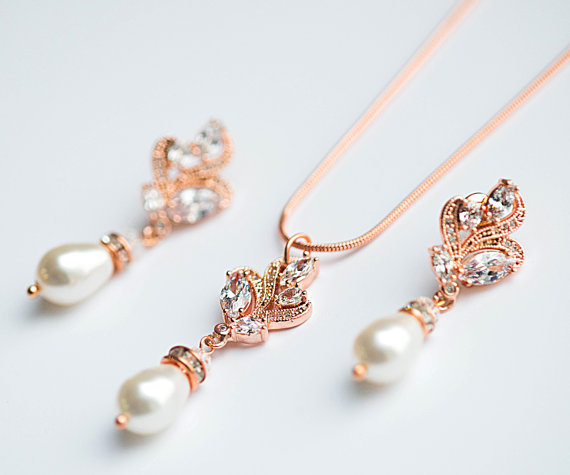 زفاف - Statement Wedding Earrings, Bridal Dangle Earrings rose gold set with cubic zirconia Crystal Bridal Jewelry