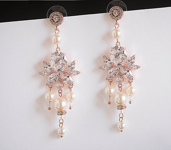 زفاف - Statement Wedding Earrings, Art Deco Bridal Chandelier Dangle Earings Swarovski Pearl, Rose Gold / Silver, CZ Crystal, Bridal Jewelry