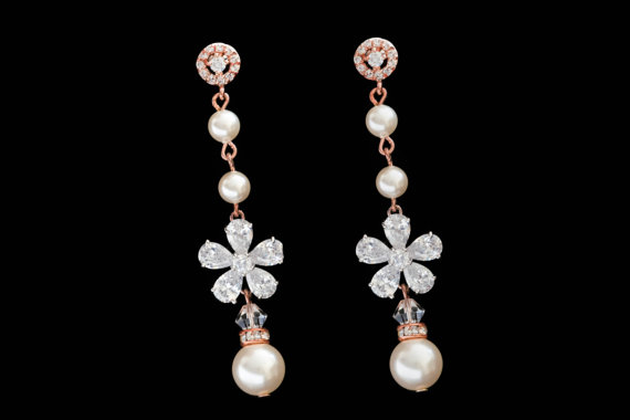 Wedding - Statement Wedding Earrings Rose Gold Silver Rhinestone Earrings, Swarovski Pearls Crystal Wedding Jewelry - Vintage Inspired Bride Jewelery