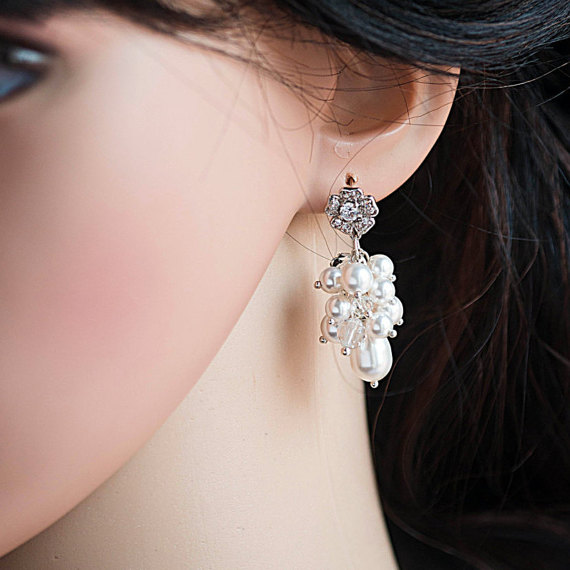 Hochzeit - Statement Wedding Earrings Swarovski Pearl Crystal Cluster Chandelier Dangle Wedding Earrings.