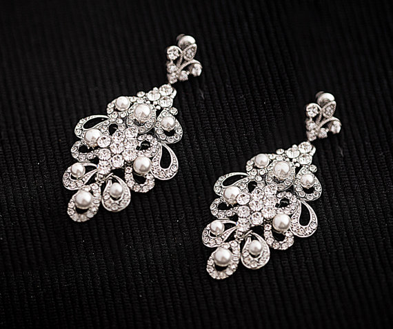 Wedding - Statement Wedding Earrings Rhinestone Earrings, Swarovski Pearls Art Deco Wedding Jewelry - Vintage Inspired Bride Jewelery, Bridal Jewelry