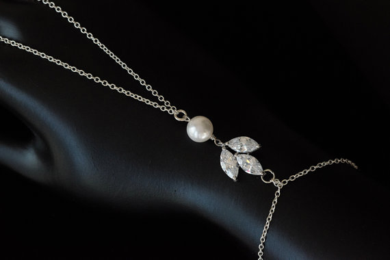 Hochzeit - Vintage Style Bridal statement Wedding necklace hand chain , Swarovski Pearl CZ crystal hand chain,Rose Gold or Silver Setting