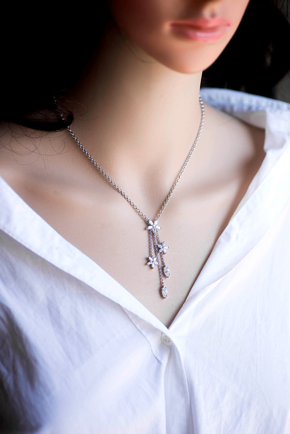 زفاف - Silver chain CZ crystal necklace, Stars crystals necklace
