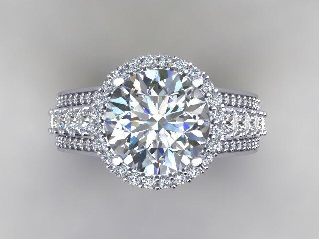 Hochzeit - Halo Diamond Engagement Ring 18kt White Gold Genuine Diamond & Russian Diamond Simulate Center Stone Halo Engagement Diamond Ring