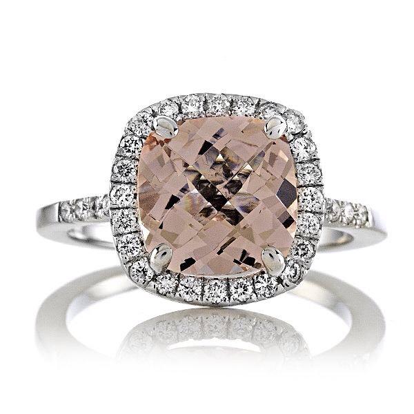 Hochzeit - Halo Engagement Ring 14kt White Gold 8mm Pink Peach Cushion Cut Center and Genuine Diamonds Halo Engagement Ring Wedding Ring