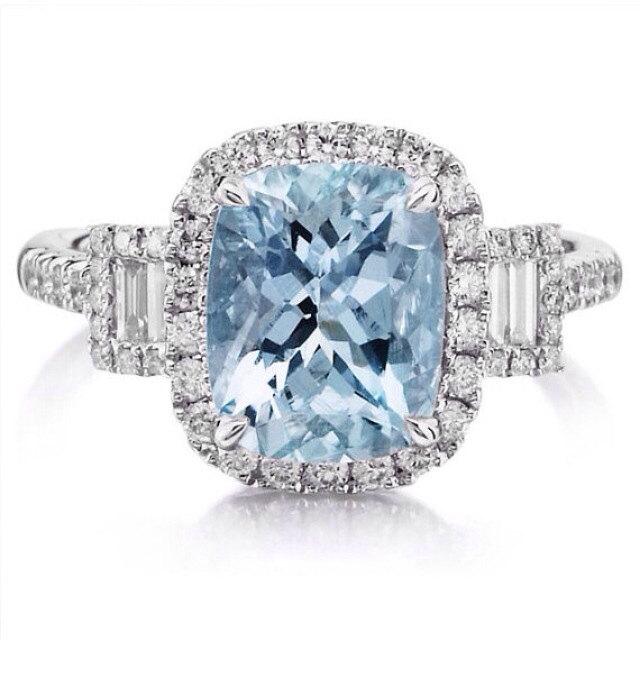 Свадьба - Aquamarine Engagement Ring 14kt White Gold 10x8 2.50ct Aquamarine .56ct Diamonds Halo Engagement Ring Wedding Ring Anniversary Band Ring