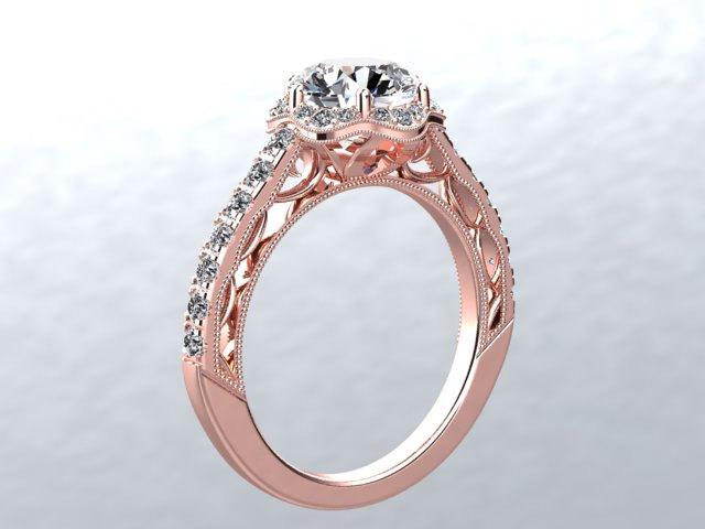 Mariage - 14k Rose Gold Engagement Ring 6.5mm Round Forever One Moissanite Center & Genuine Diamonds Halo Anniversary Wedding Ring Crowned Flower Love