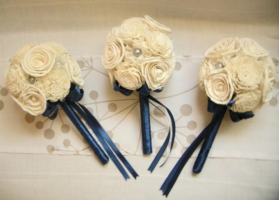Wedding - Bridesmaid bouquet, Blue bouquet  , Wedding Cream White Fabric Bouquet, Sola flowers