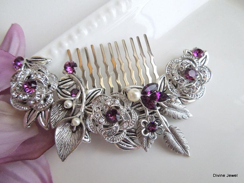 Hochzeit - Purple Leaf Pearl Rhinestone Bridal Hair Comb,Pearl Rhinestone Hair Comb,Wedding pearl Hair Comb Ivory or White Pearls,Pearl,Rose,ROSELANI