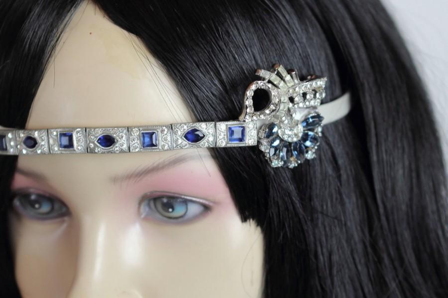 زفاف - Vintage Wedding Forehead Band, Something Blue Art Deco Crystal Bridal Headband Great Gatsby, Something Old, 1920s Bride, Sapphire Hair Clip