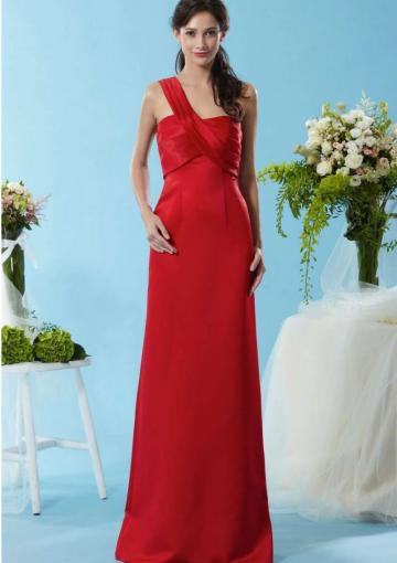 Mariage - Zipper One Shoulder Satin Sleeveless Ruched Red Floor Length