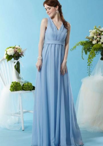 Wedding - Zipper V-neck Blue Sleeveless Ruched Chiffon Floor Length