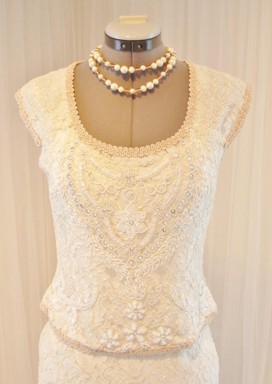 Hochzeit - Vintage Adrianna Papell Beaded Lace Column Bridal Skirt Set/ Event Dress