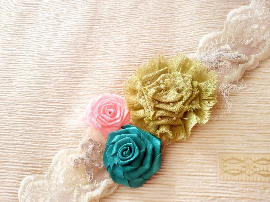 Hochzeit - Aqua wedding garter, blush garter, yellow green garter, floral garter, shabby garter, rustic garter, lace garter, turquoise garter