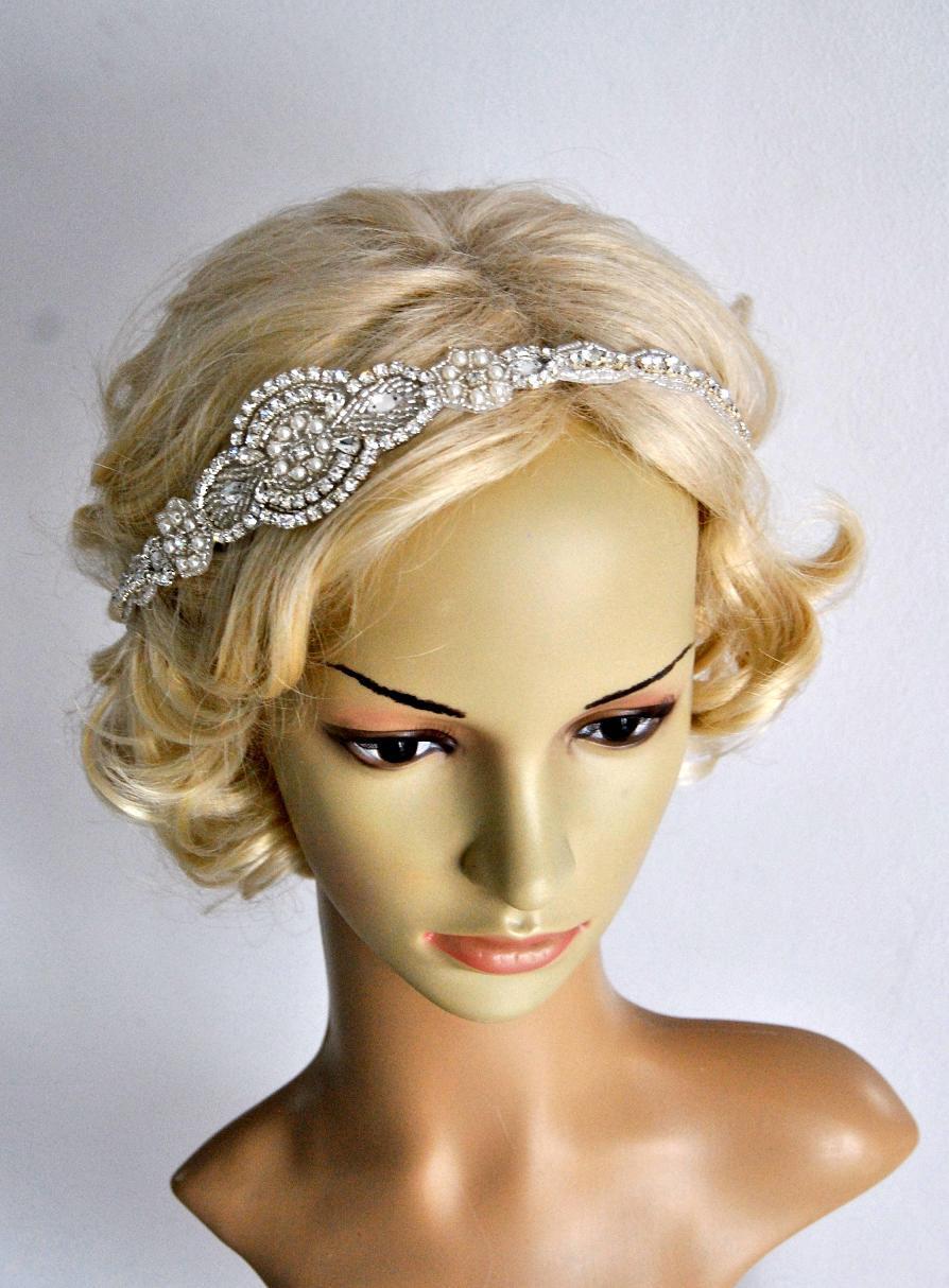 Hochzeit - Long Bridal Headband Crystal Pearls Rhinestone  Wedding Headband Headpiece, Halo Bridal Flapper 1920s Great Gatsby Headband Headpiece