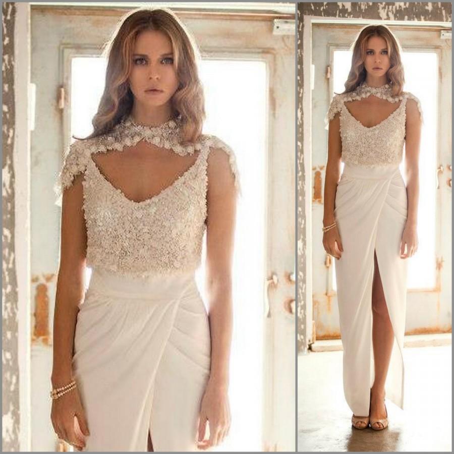 Свадьба - 2 Piece Wedding Dress chic elegant matte satin fabric skirt with sequin fabric top, Ivory skirt with champagne top designer wedding dress