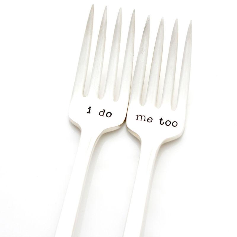 زفاف - Milk & Honey Luxuries: I Do, Me Too Wedding Forks, Vintage Hand Stamped Forks