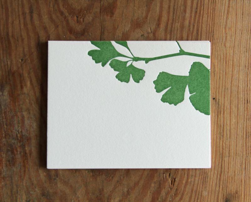 زفاف - Red Bird Ink: Letterpress Notecard, Ginkgo in Green with Coordinating Envelope