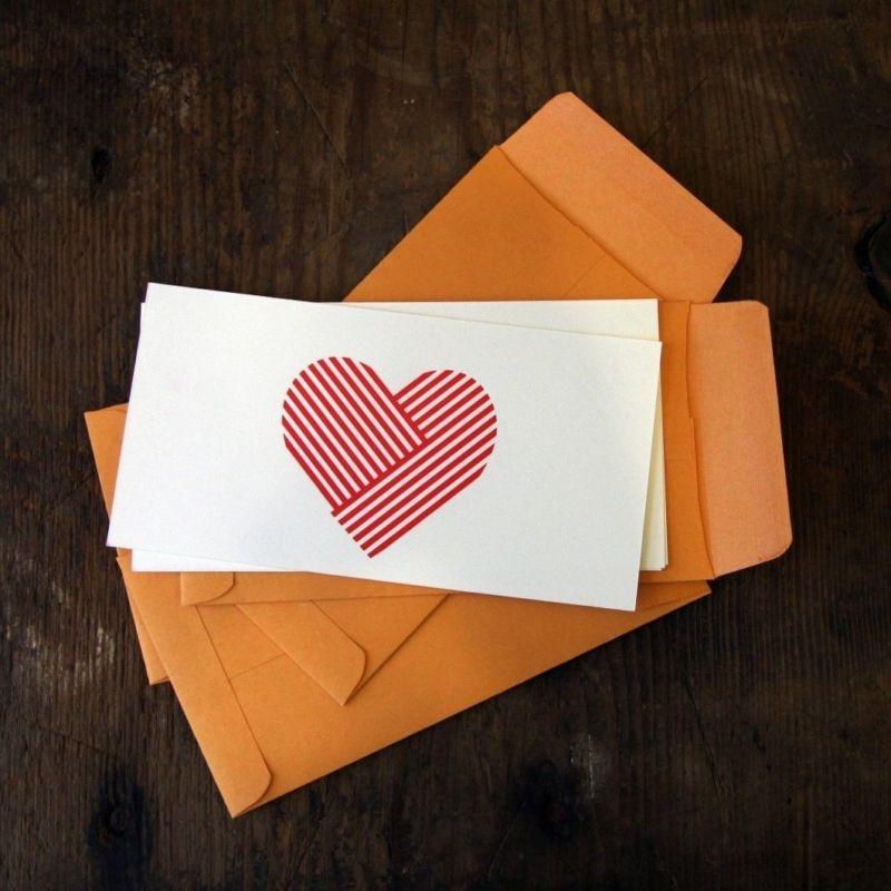 Wedding - Red Bird Ink: Letterpress Notecard, Geometric Heart in Red with Envelope