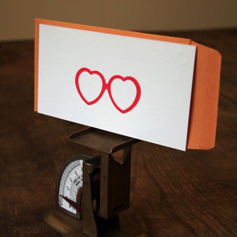 زفاف - Red Bird Ink: Letterpress Notecard, Heart Glasses in Red with Envelope