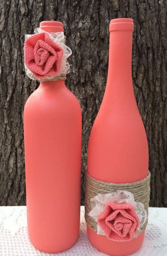 Hochzeit - Coral Hand Painted Wine Bottles With Twine And Lace & Burlap Flowers, Set Of 2