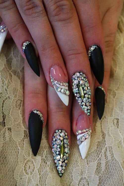 Hochzeit - Black And White Stiletto Nails With Rhinestones