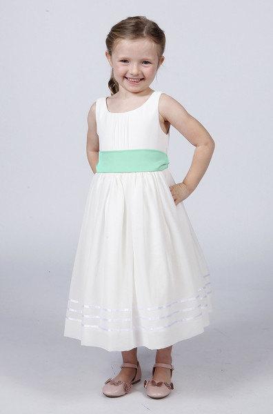 Wedding - Matchimony White Flower Girl Dress with Mint Green Sash To Match Your Bridesmaids and Groomsmen