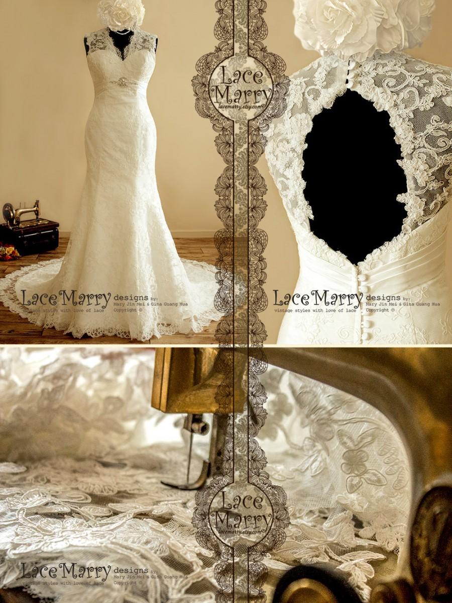 Wedding - Romantic Lace Wedding Dress with Illusion Style Neckline and Key Hole Open Back - Lace Wedding Dress