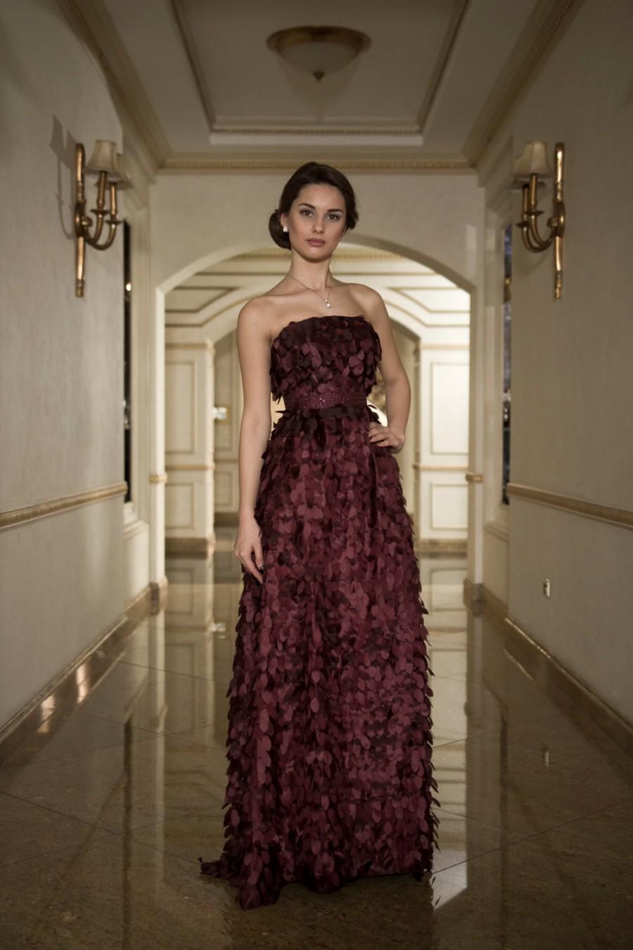 زفاف - Long bridesmaid dress with leafs, Long prom dress in dark purple, Purple made of honor dress, Backless hIgh fashion dress, Floral maxi dress