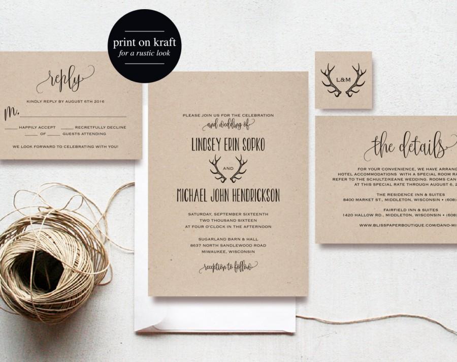 زفاف - Rustic Antler Wedding Invitation, Wedding Invitation Printable, Invitation Template, Editable Invitation, DIY, PDF Instant Download 