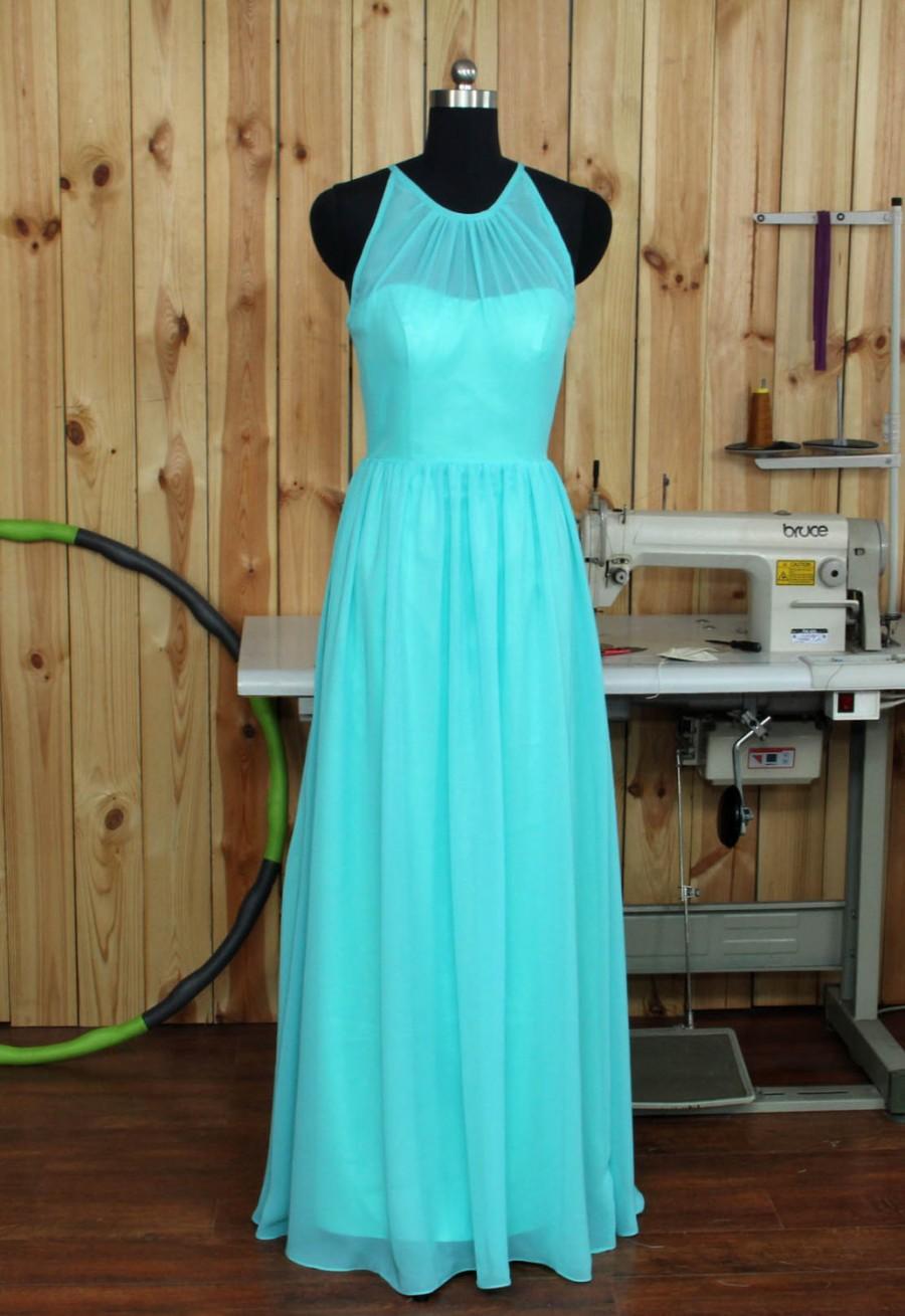 زفاف - Turquoise Halter Bridesmaid Dress, Chiffon Evening Dress, Halter Sheer Neck Prom Dress, Wedding Party Dress