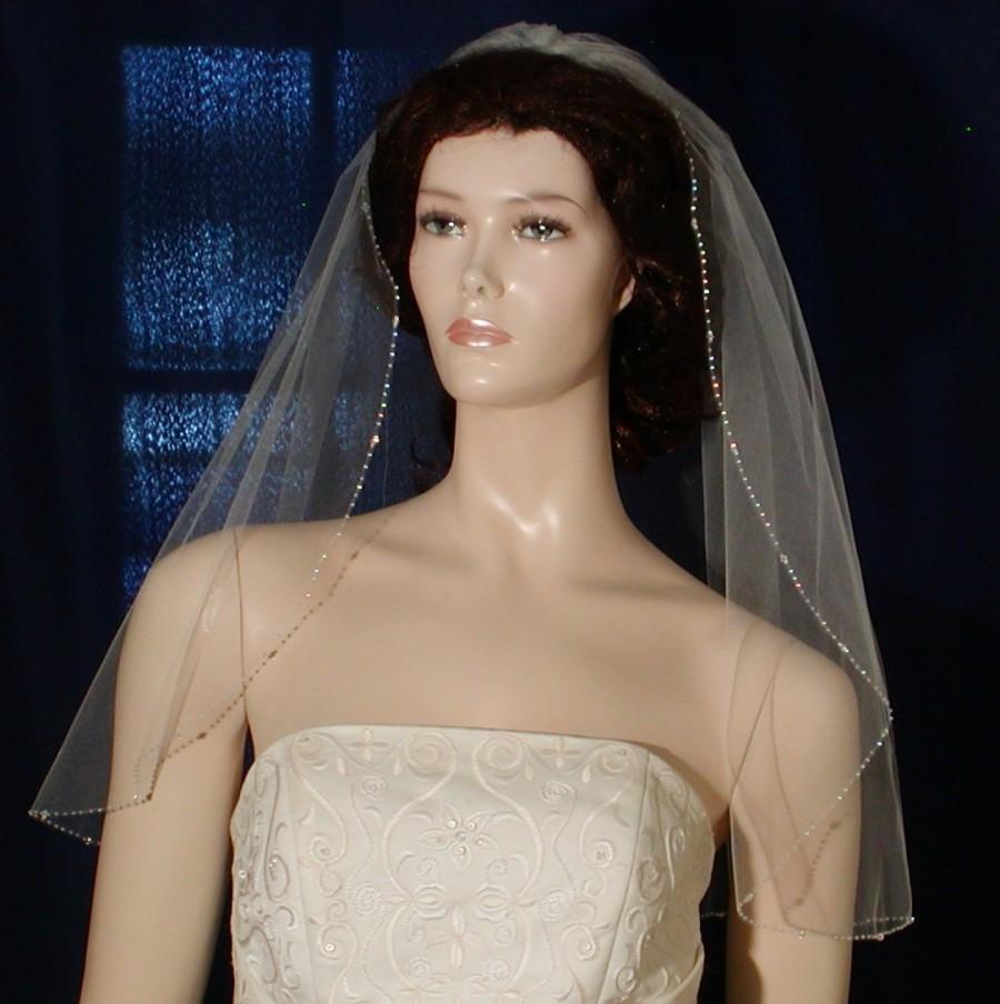 Wedding - Crystal Beaded Edge 25" long Bridal veil Swarovski Crystals Shining Rocaille Beads