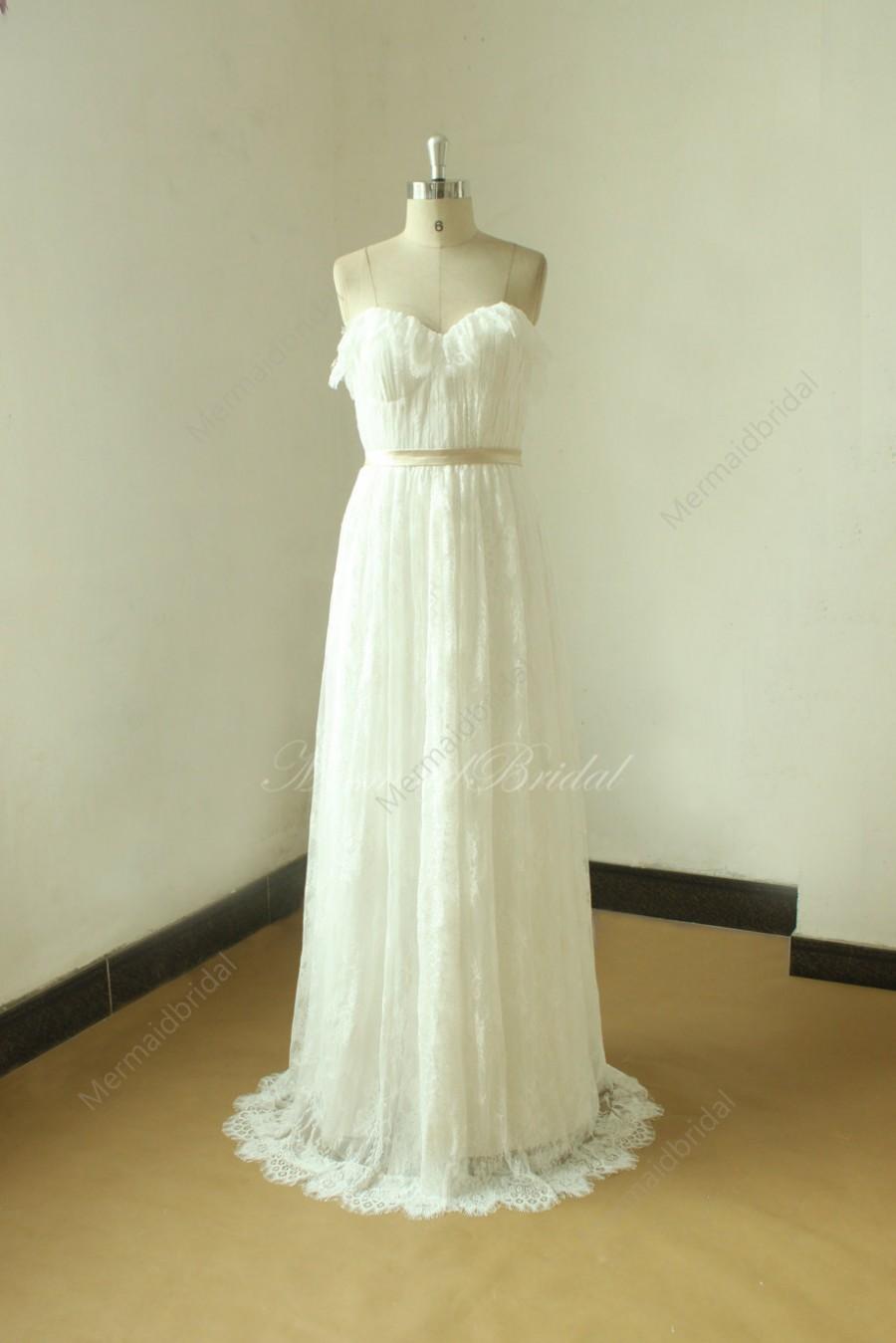 زفاف - Ivory A line beach lace wedding dress, wedding gown with champange sash