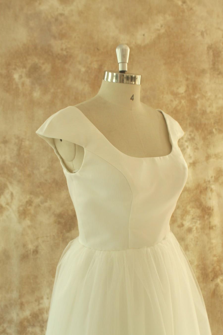 Wedding - Audrey Hepburn style Ivory tea length tulle wedding dress with cap sleeves