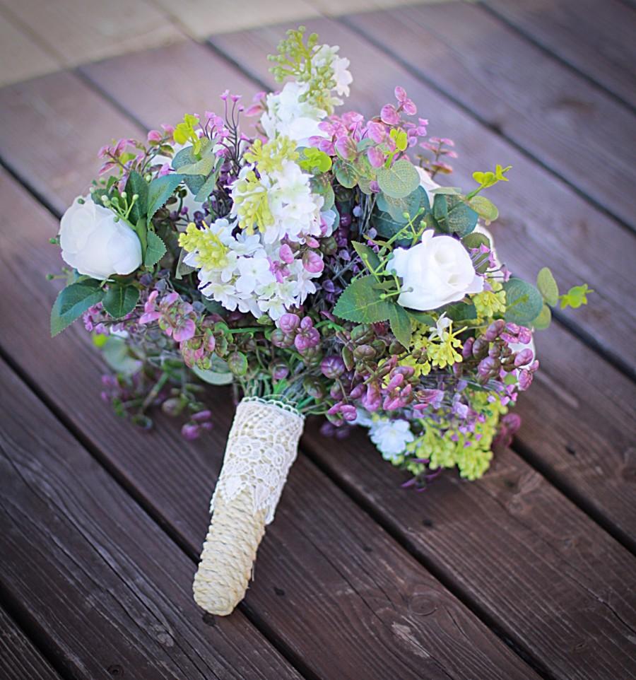 Wedding - Wedding Bouquet, White Lilac and Roses bouquet, Bridal bouquet, Jute Wrapped bouquet, Bridesmaid bouquet, Wedding Flowers, Silk Flowers
