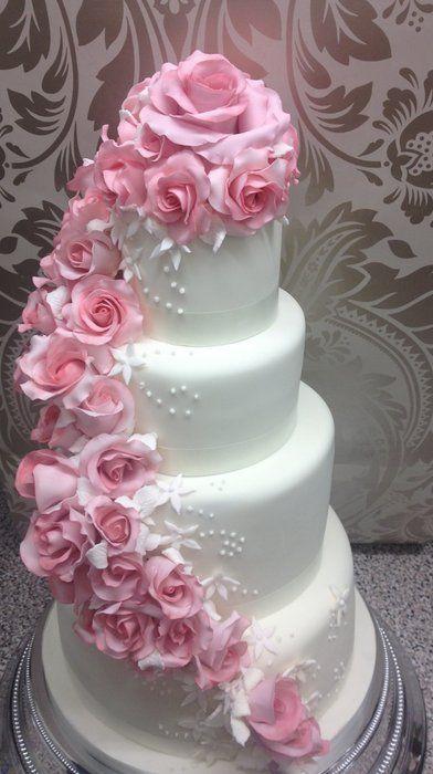 Wedding - Pink Cascading Rose Wedding Cake